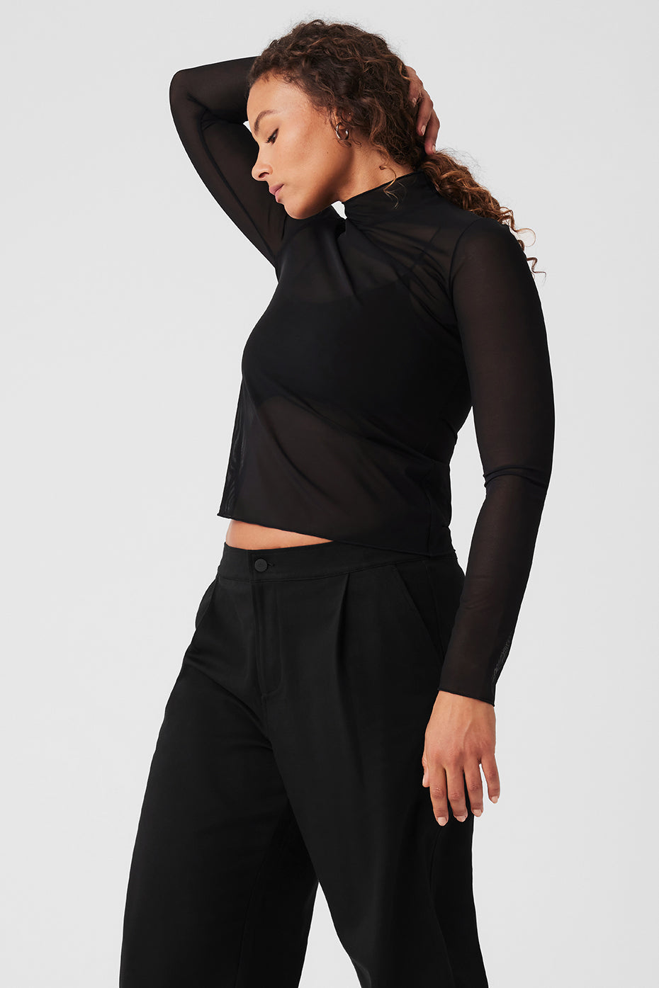 Mesh Sheer Illusion Mock Neck Long Sleeve - Black